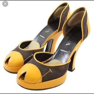 Prada Yellow & Brown Peep-Toe Platform Heels 38